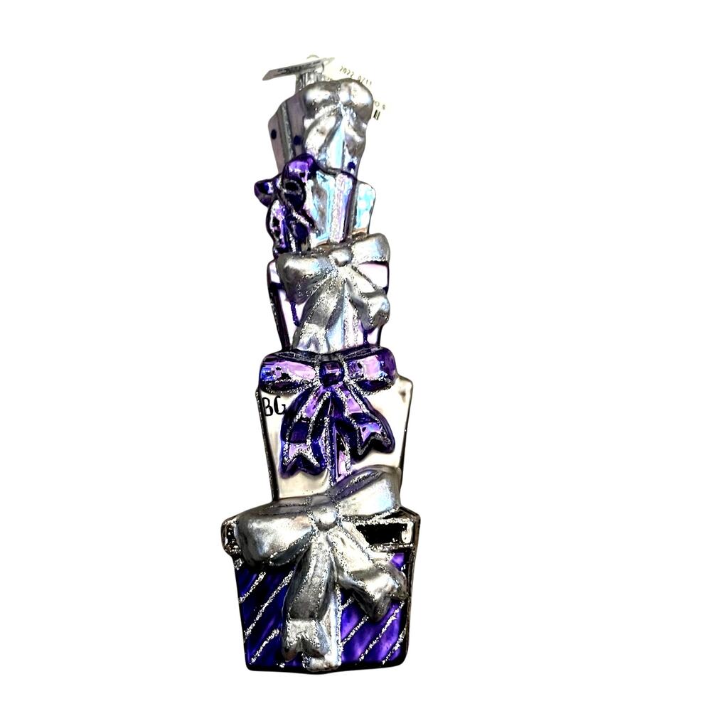 Bergdorf Goodman Bg Stack Of Presents Glass Ornament Purple Silver Glitter 8"
